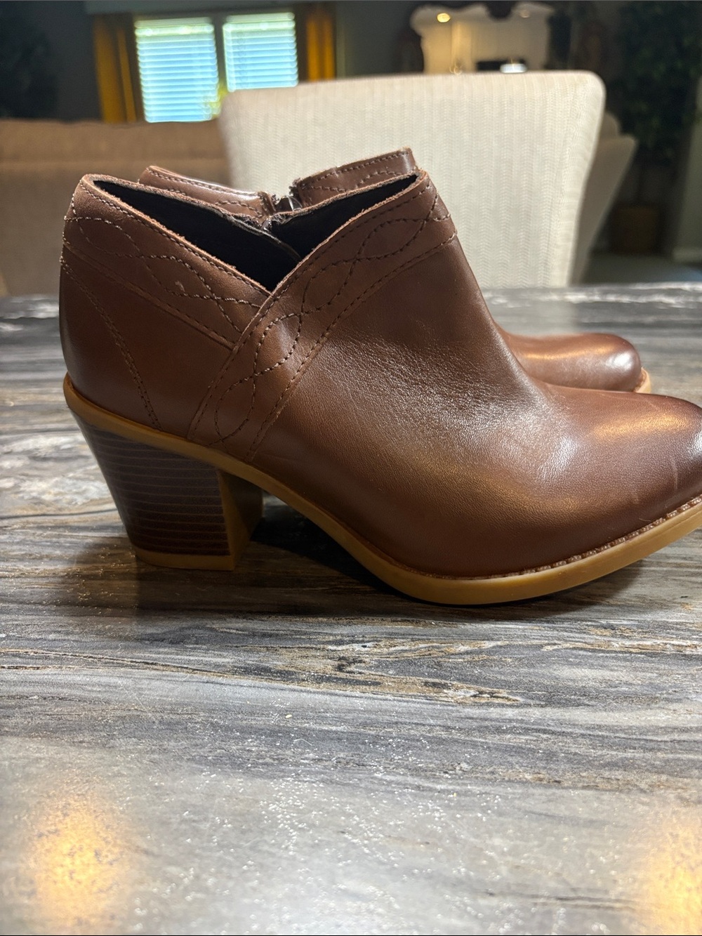 Earth Brown Leather Ankle Booties with Stacked Heel